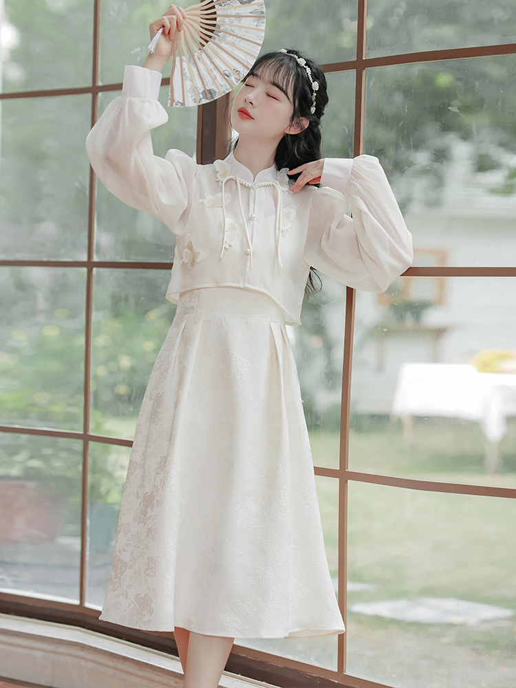 New Chinese Style A-Line Midi Dress Set with Embroidered Stand Collar