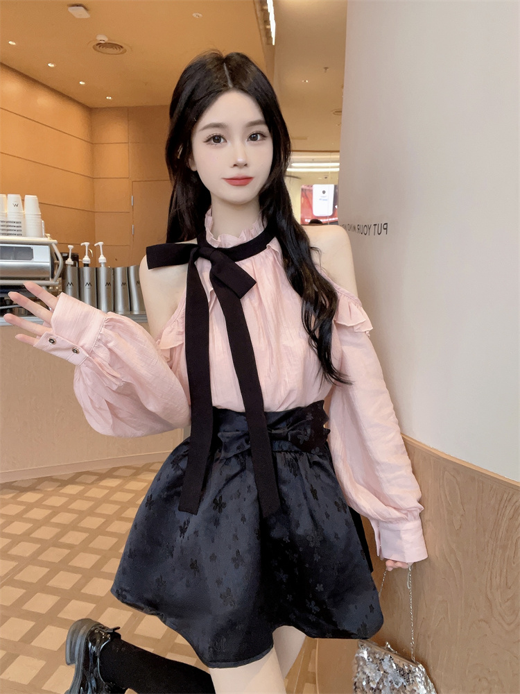 Pink Ruffle Off-Shoulder Long-Sleeve Shirt Women Spring 2025 New Elegant Halter Cropped Top