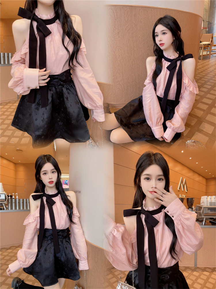 Pink Ruffle Off-Shoulder Long-Sleeve Shirt Women Spring 2025 New Elegant Halter Cropped Top - Image 2