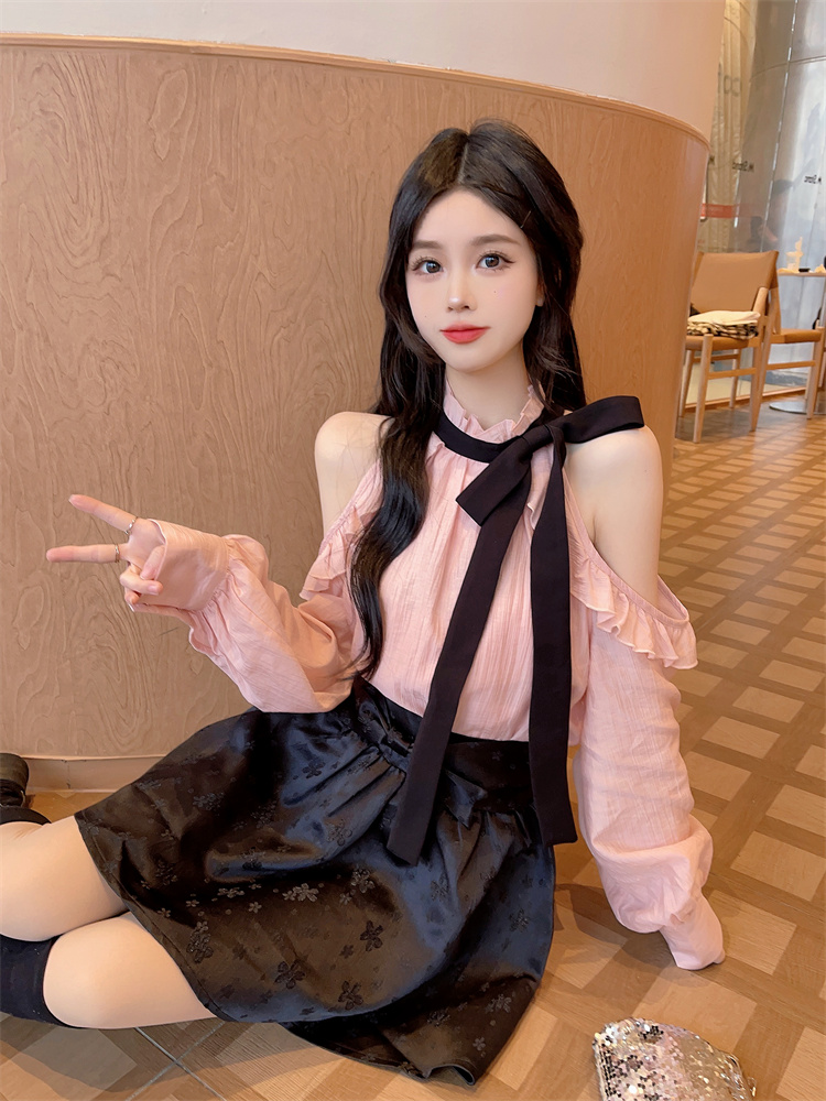 Pink Ruffle Off-Shoulder Long-Sleeve Shirt Women Spring 2025 New Elegant Halter Cropped Top - Image 3