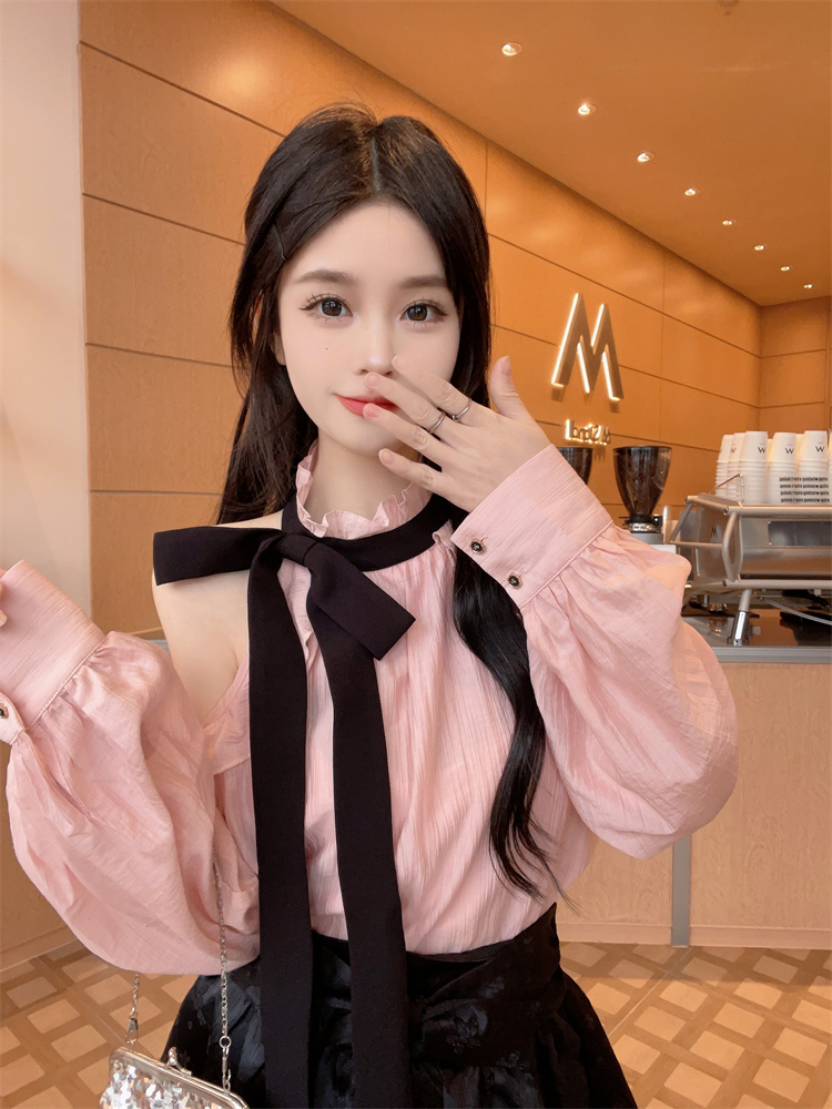 Pink Ruffle Off-Shoulder Long-Sleeve Shirt Women Spring 2025 New Elegant Halter Cropped Top - Image 4