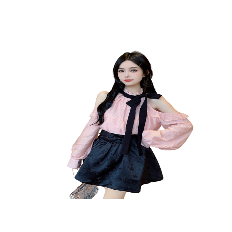 Pink Ruffle Off-Shoulder Long-Sleeve Shirt Women Spring 2025 New Elegant Halter Cropped Top - Image 5