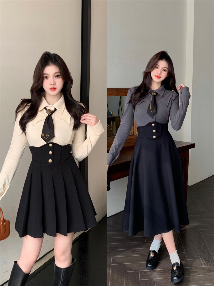 Curvy-Flattering Preppy Style Two-Piece Set Women 2024 Spring Autumn Long Sleeve Shirt Waist-Cinching Fishbone Skirt