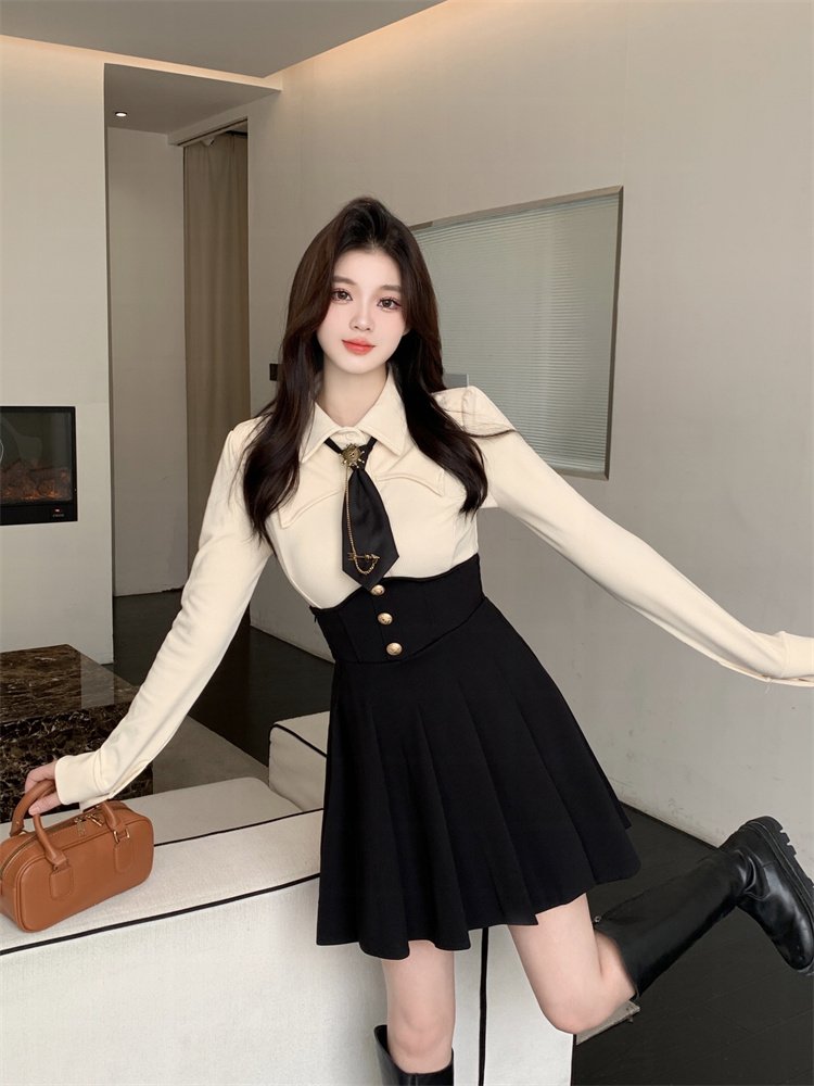 Curvy-Flattering Preppy Style Two-Piece Set Women 2024 Spring Autumn Long Sleeve Shirt Waist-Cinching Fishbone Skirt - Image 2