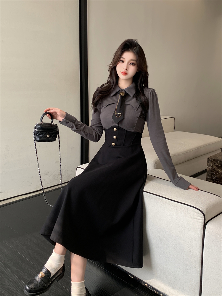 Curvy-Flattering Preppy Style Two-Piece Set Women 2024 Spring Autumn Long Sleeve Shirt Waist-Cinching Fishbone Skirt - Image 3