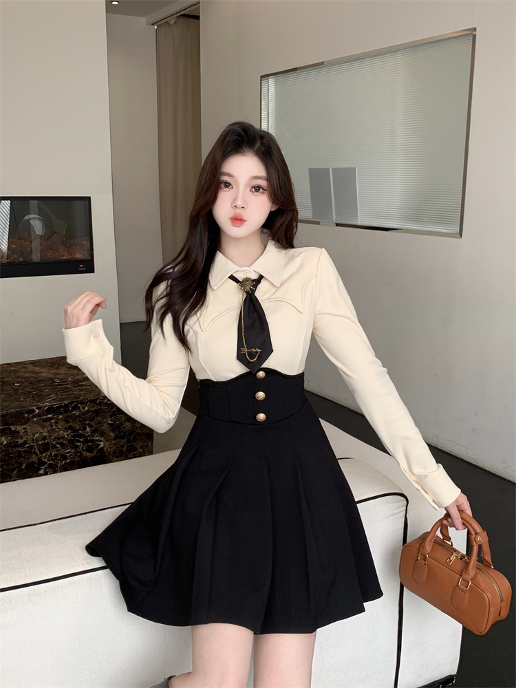Curvy-Flattering Preppy Style Two-Piece Set Women 2024 Spring Autumn Long Sleeve Shirt Waist-Cinching Fishbone Skirt - Image 4