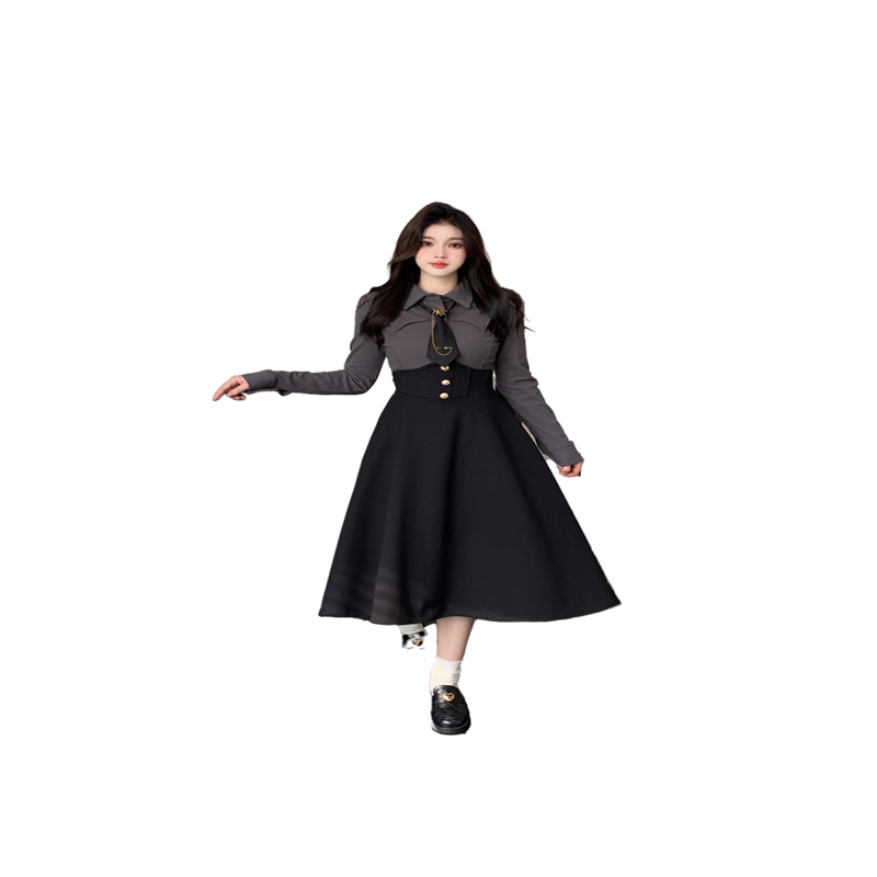 Curvy-Flattering Preppy Style Two-Piece Set Women 2024 Spring Autumn Long Sleeve Shirt Waist-Cinching Fishbone Skirt - Image 5