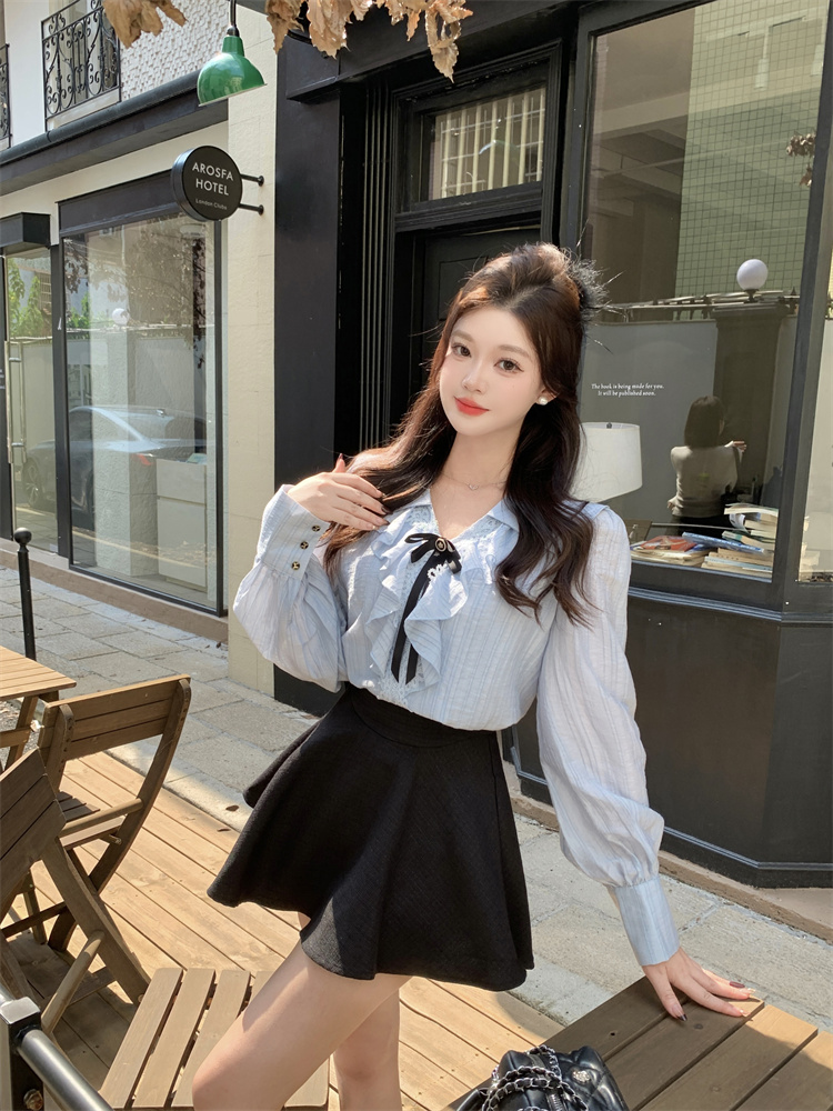 Ruffle Blue Shirt and Skirt Two-Piece Set Women Spring 2025 New High-End Elegant French Style Set