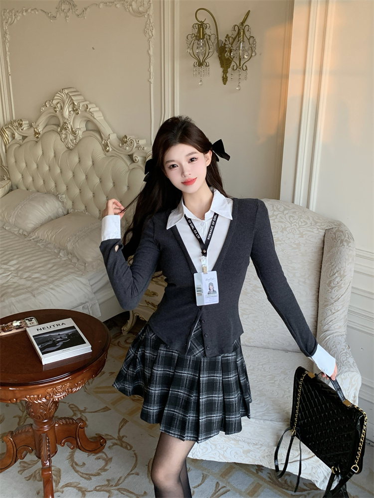 Plus Size Women's Faux Two-Piece Shirt Set with Plaid Skirt