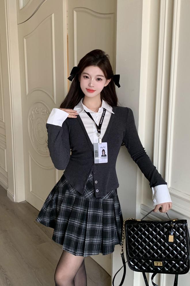Plus Size Women's Faux Two-Piece Shirt Set with Plaid Skirt - Image 5