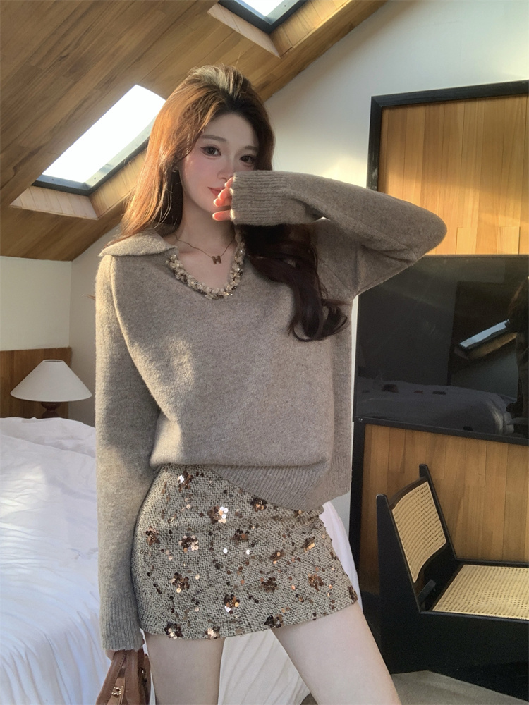 French Style V-Neck Sweater and Sequin Skirt Two-Piece Set for Women - Style 8908df
