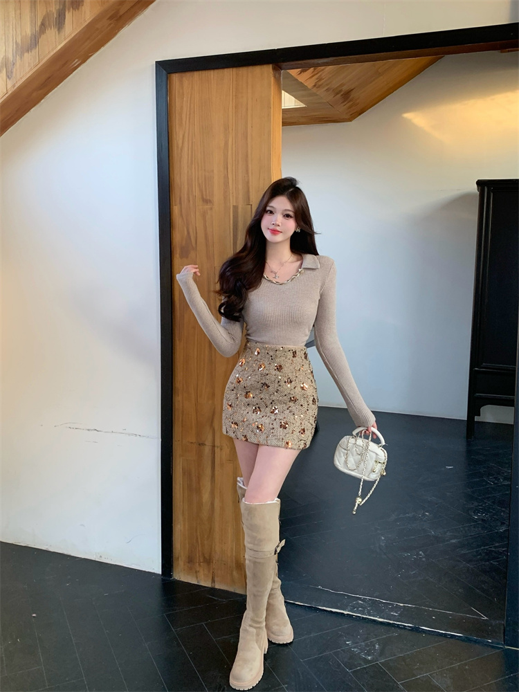 Real Photo Collar Design Knit Base Top with Heavy Sequin Bodycon Skirt Set