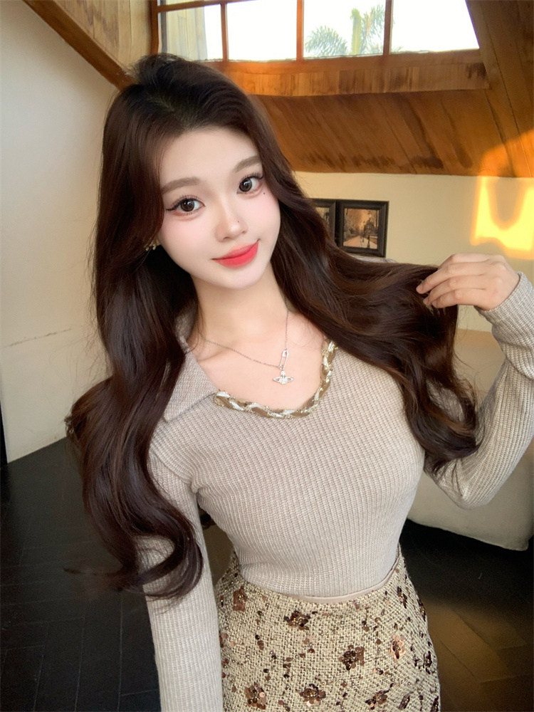 Real Photo Collar Design Knit Base Top with Heavy Sequin Bodycon Skirt Set - Image 2