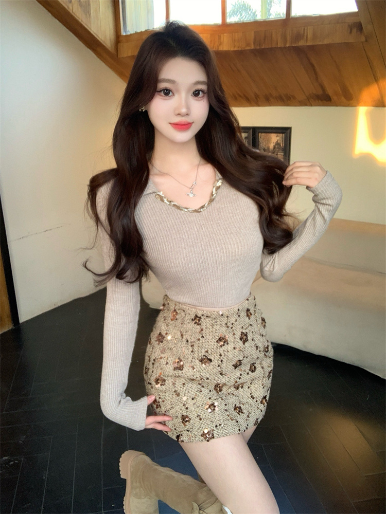 Real Photo Collar Design Knit Base Top with Heavy Sequin Bodycon Skirt Set - Image 4
