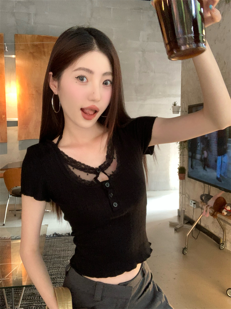 Women's Short Sleeve Slim Fit Lace Panel Black Crop Top 2026 Summer - Image 2