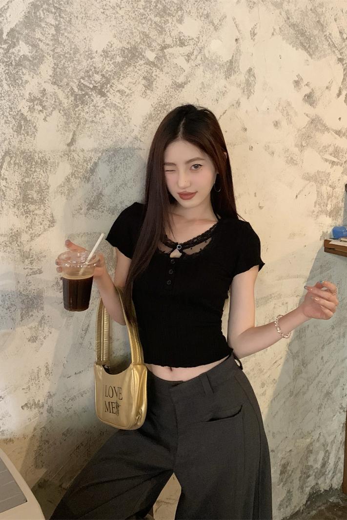 Women's Short Sleeve Slim Fit Lace Panel Black Crop Top 2026 Summer - Image 5