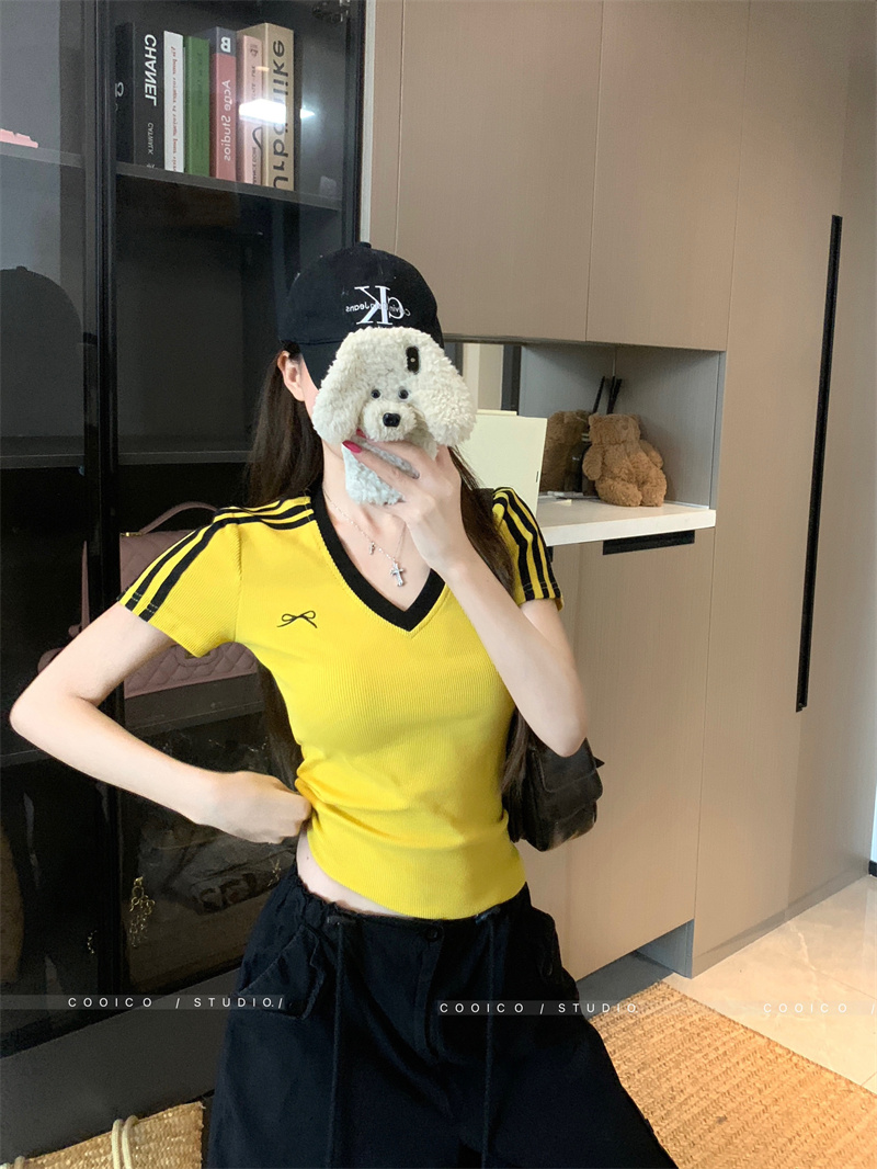 Bow V-Neck White Short Sleeve T-Shirt for Women Summer Slim Fit Cropped Top