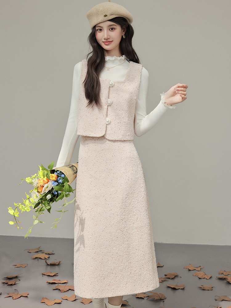 48 Percent Cashmere Chanel Style Two Piece Set Women Winter Pink Vest Skirt