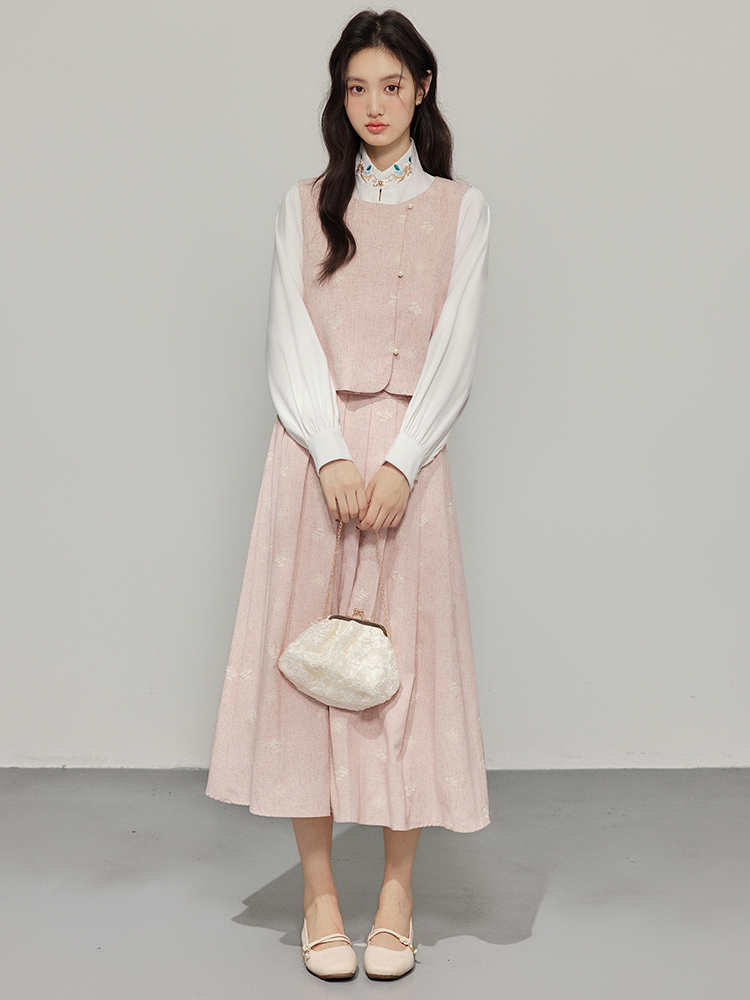 Pink Three-Piece Women's Fall Winter French Style Vest and Skirt Set with White Shirt - Image 3