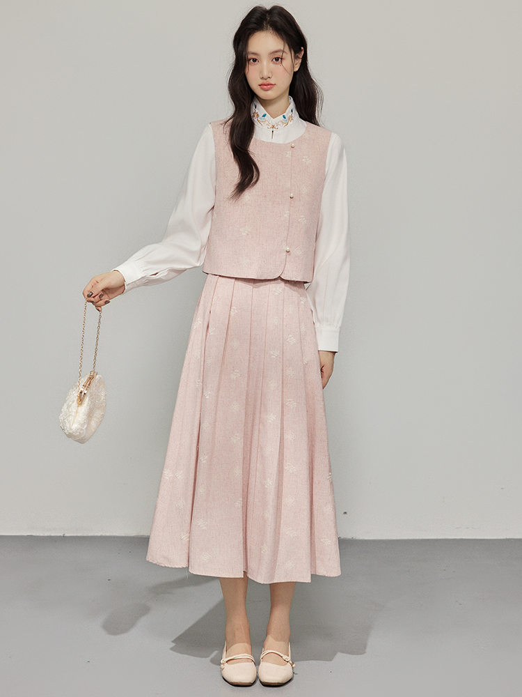 Pink Three-Piece Women's Fall Winter French Style Vest and Skirt Set with White Shirt - Image 2