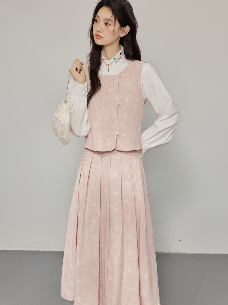 Pink Three-Piece Women's Fall Winter French Style Vest and Skirt Set with White Shirt - Image 4