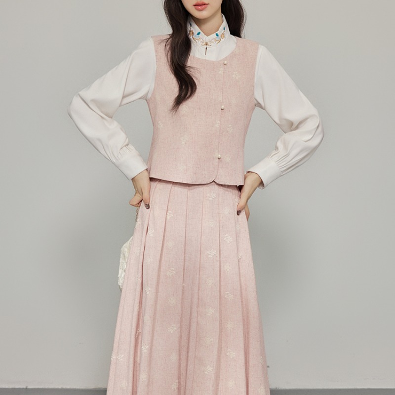 Pink Three-Piece Women's Fall Winter French Style Vest and Skirt Set with White Shirt - Image 5