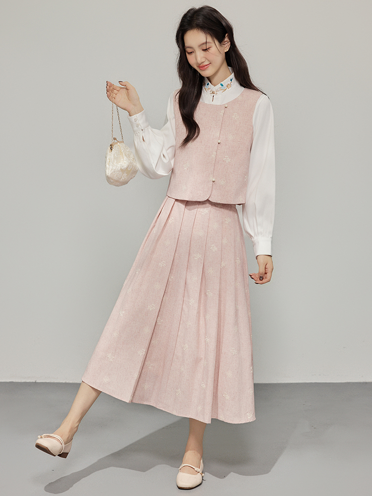 Pink Three-Piece Women's Fall Winter French Style Vest and Skirt Set with White Shirt