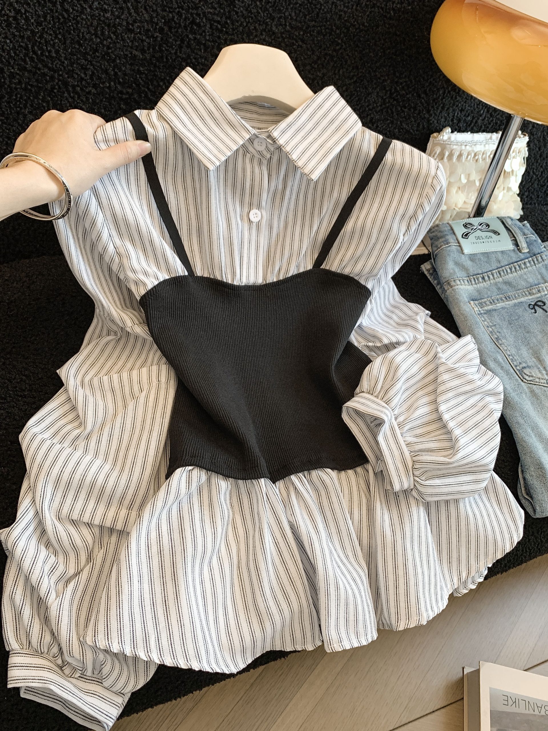 Women's Striped Color Block Faux Two Piece Waist Cinched Long Sleeve Shirt Early Autumn New Blouse