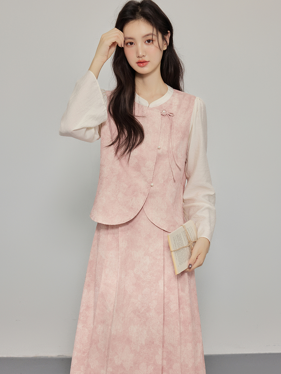 New Chinese Style Two-Piece Dress Set with Frog Button Top and Pleated Skirt for Women - Image 2