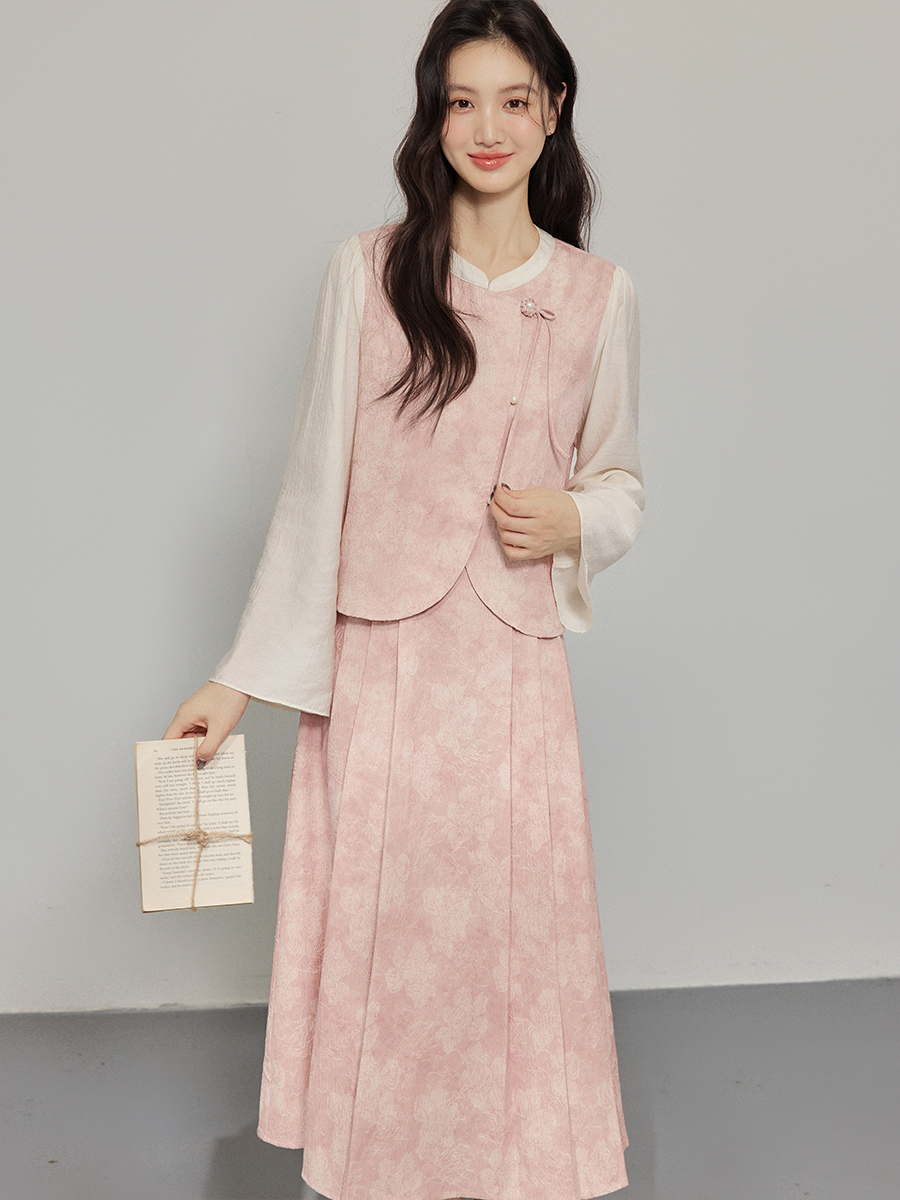 New Chinese Style Two-Piece Dress Set with Frog Button Top and Pleated Skirt for Women - Image 3