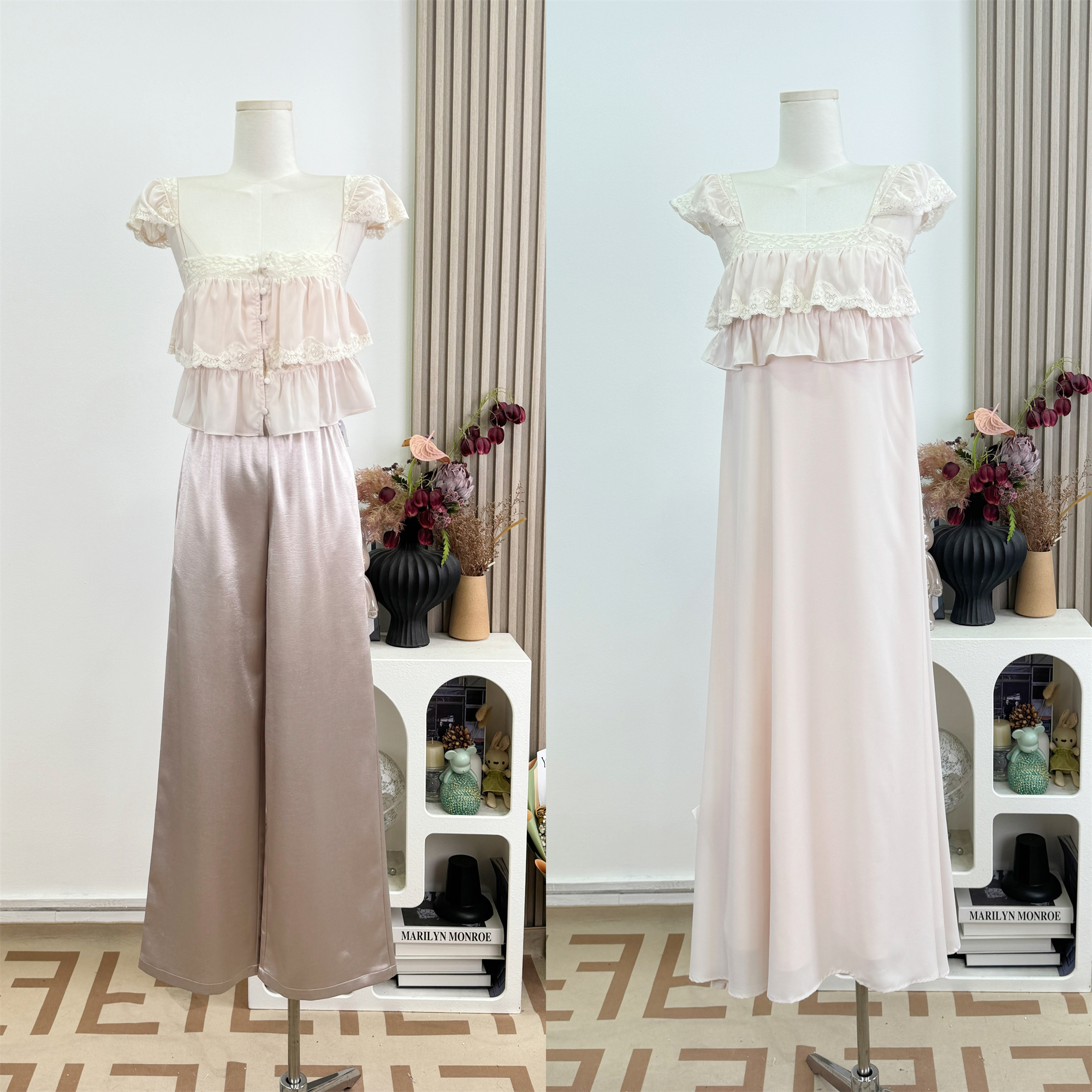 Cherry Blossom Pink Lace Cami Dress and Shirt Set for Women