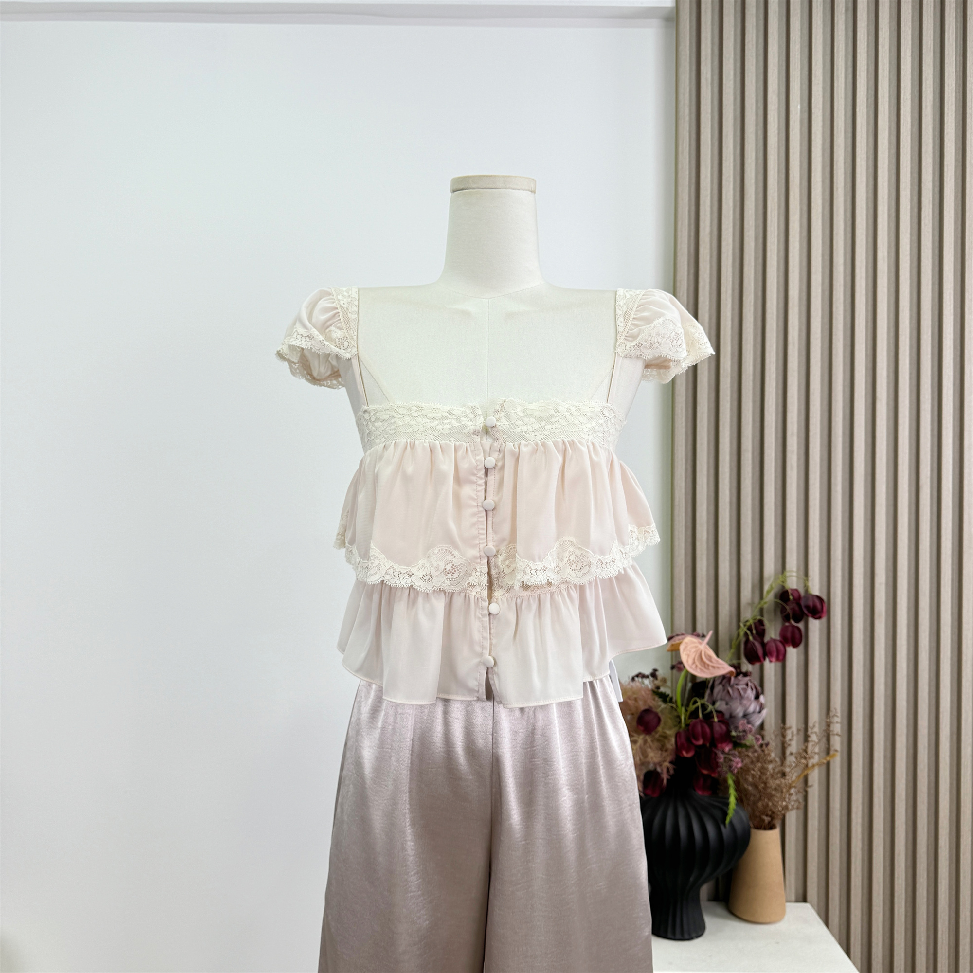 Cherry Blossom Pink Lace Cami Dress and Shirt Set for Women - Image 2