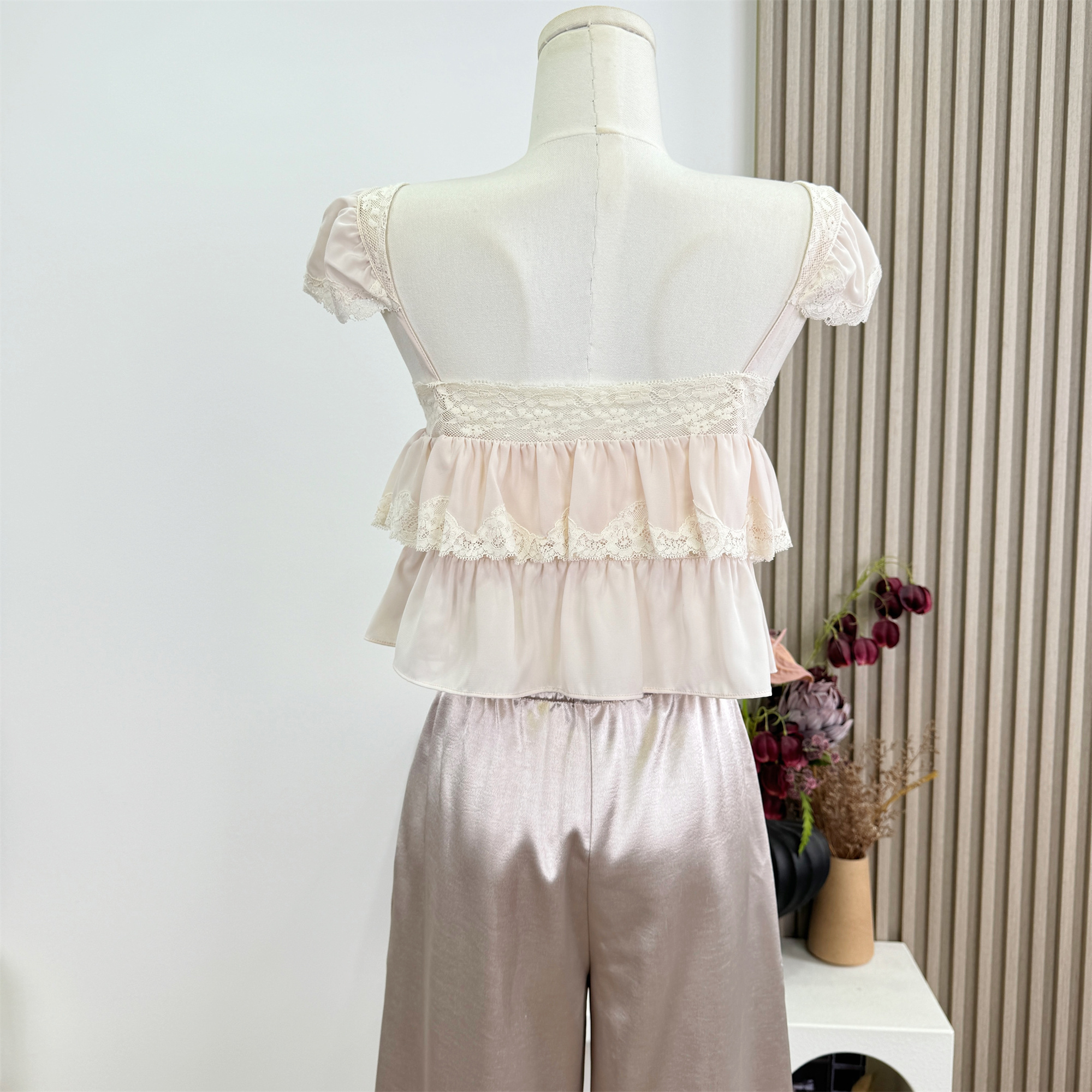 Cherry Blossom Pink Lace Cami Dress and Shirt Set for Women - Image 3