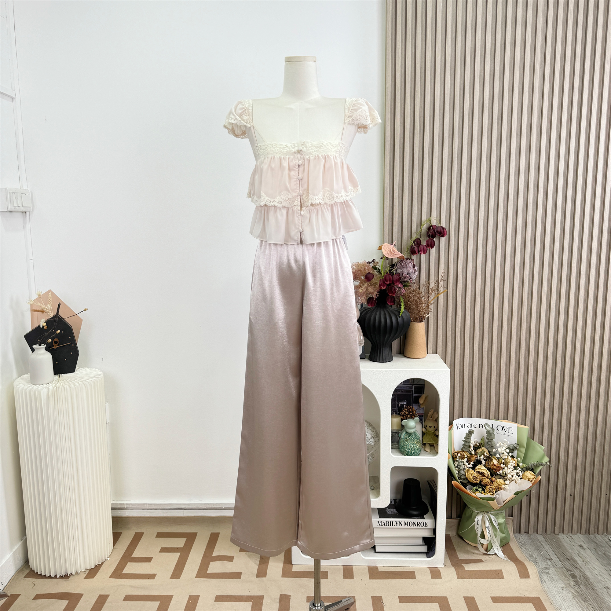 Cherry Blossom Pink Lace Cami Dress and Shirt Set for Women - Image 5