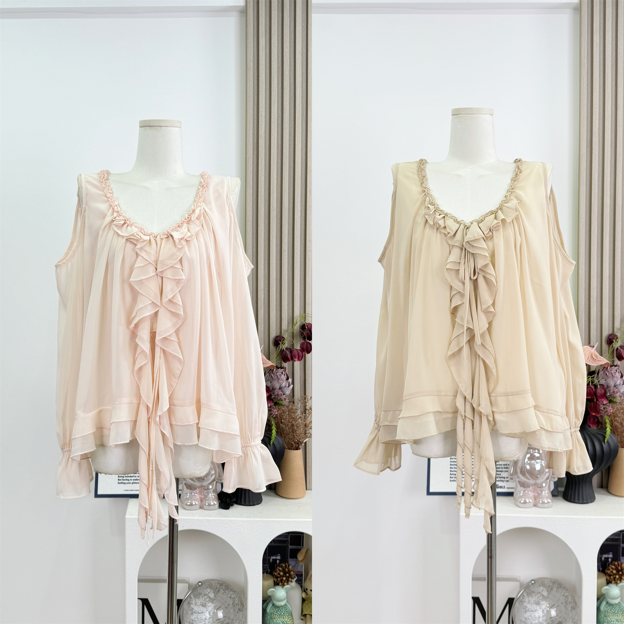 Famouswang Spring Off-Shoulder Ruffle Chiffon Top