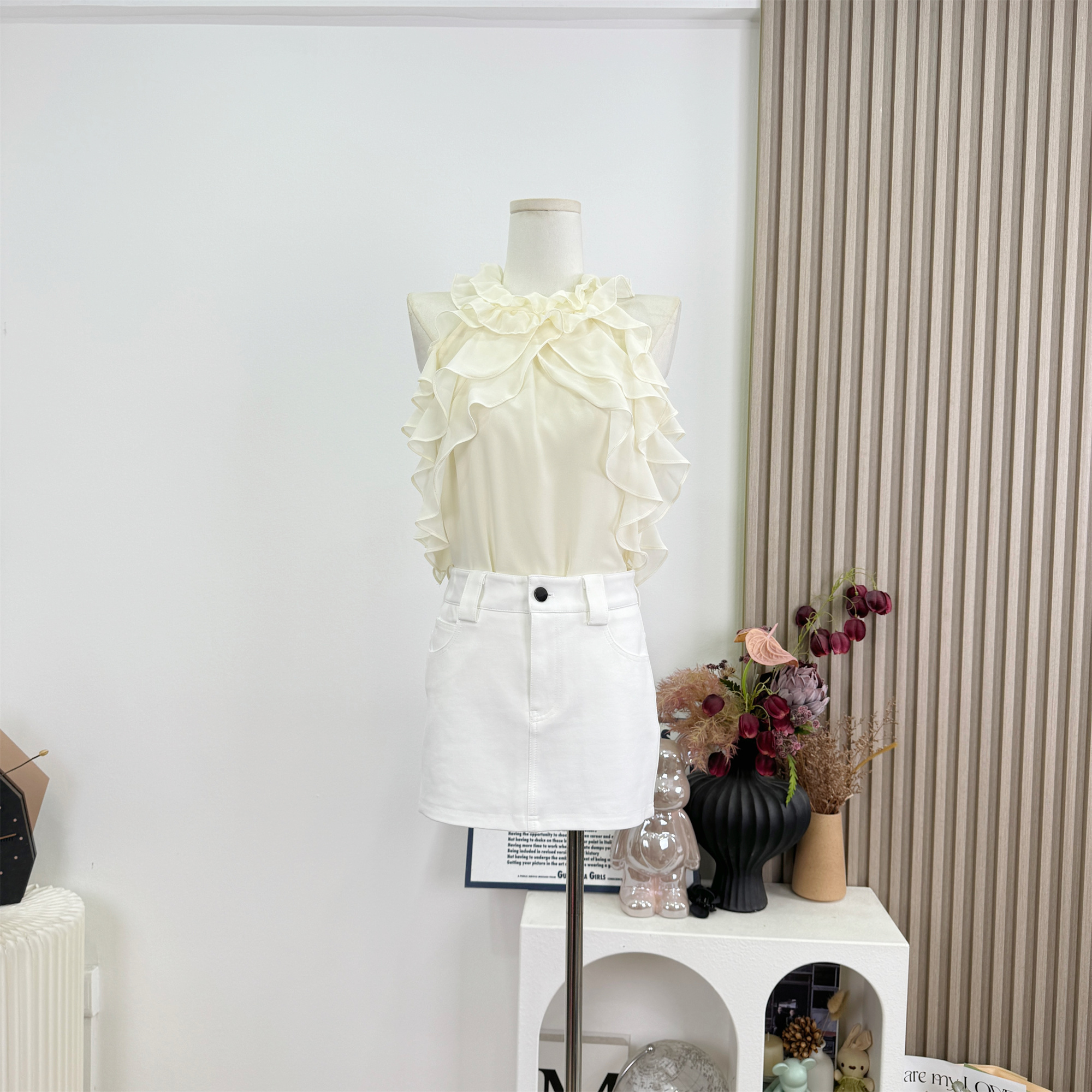 Beige Sheer Sleeveless Halter Chiffon Top with Ruffles