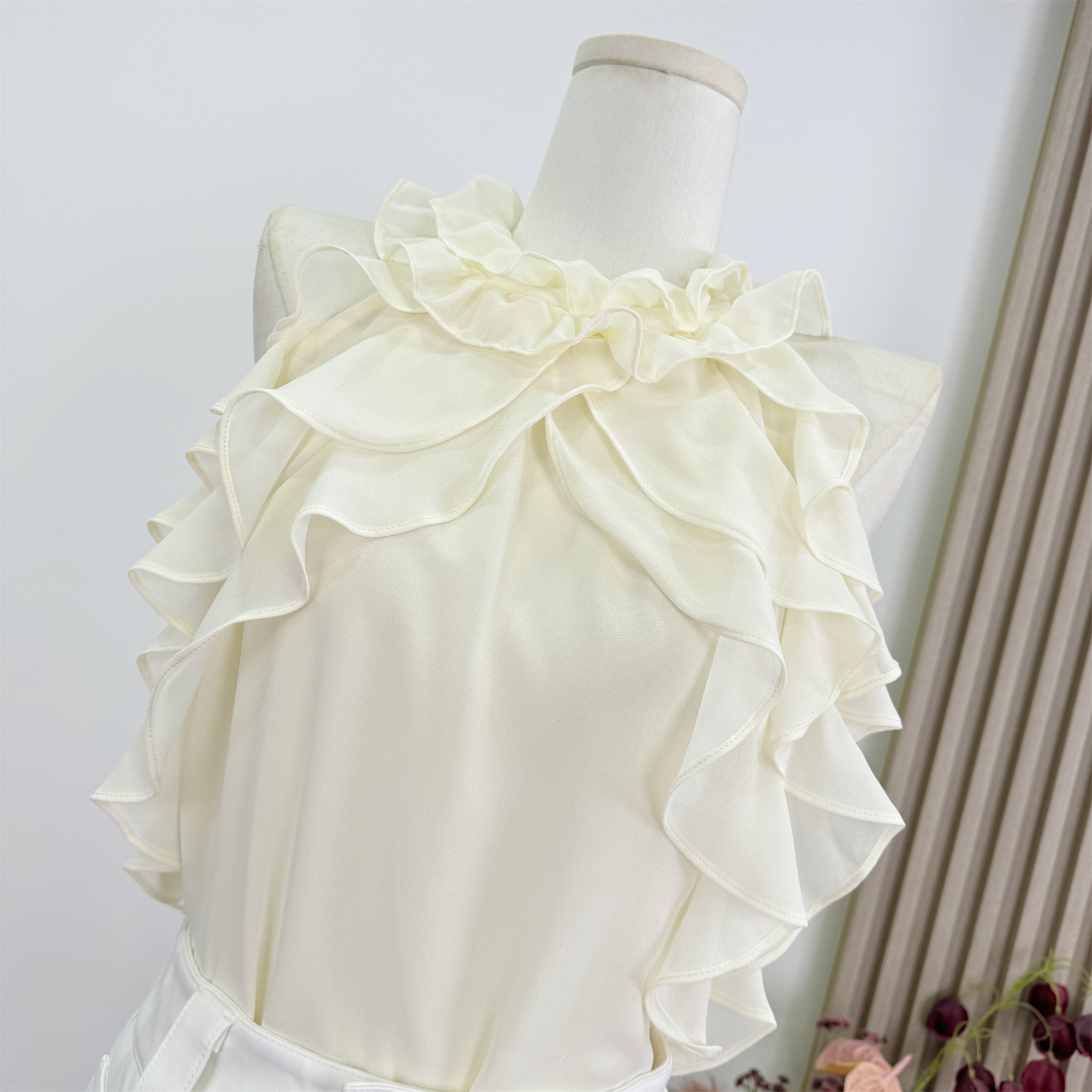 Beige Sheer Sleeveless Halter Chiffon Top with Ruffles - Image 2