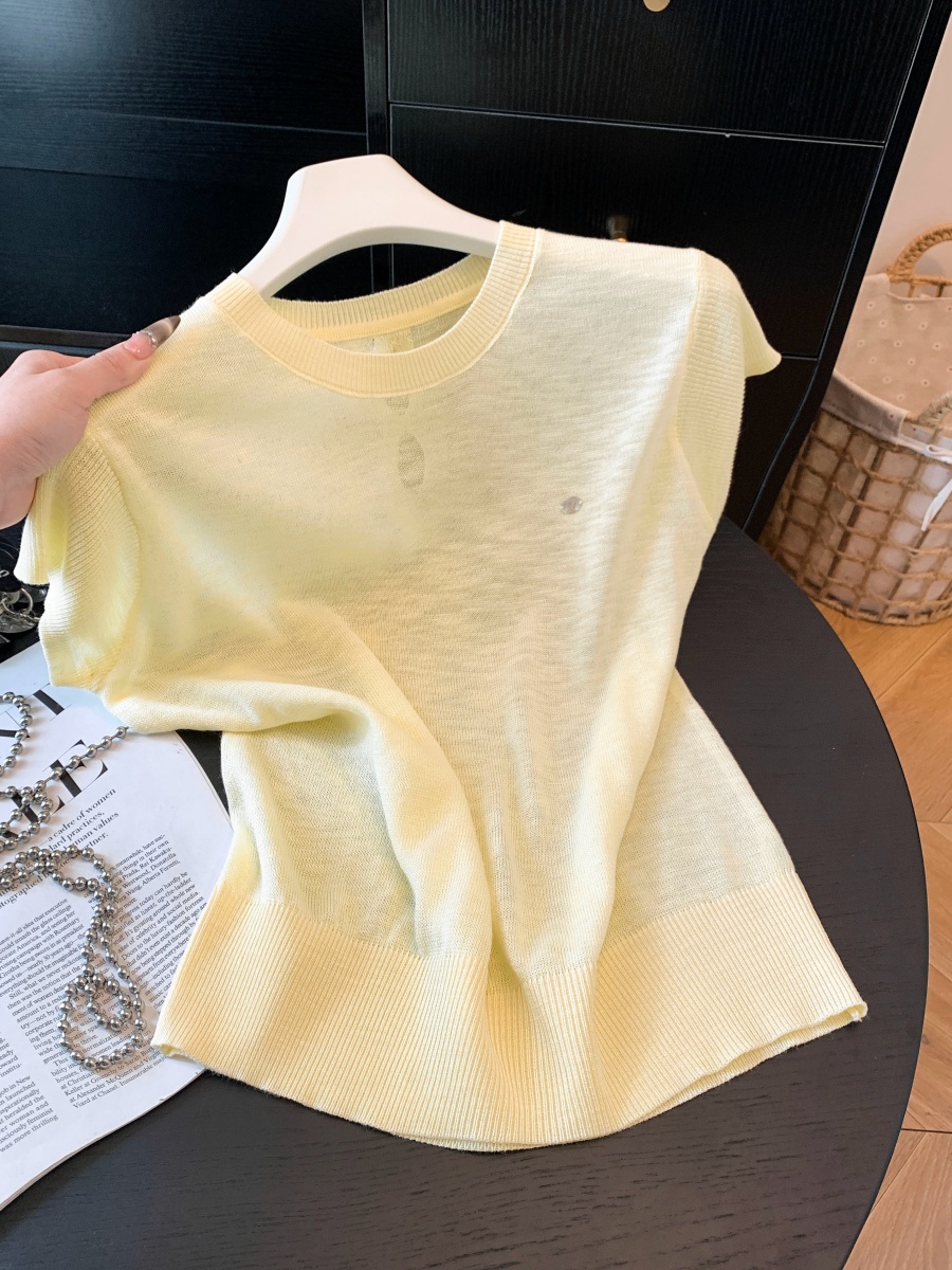 Women's Back Cutout Crew Neck Thin Knit Short Sleeve T-Shirt 2026 Summer Korean Style Top - Image 3