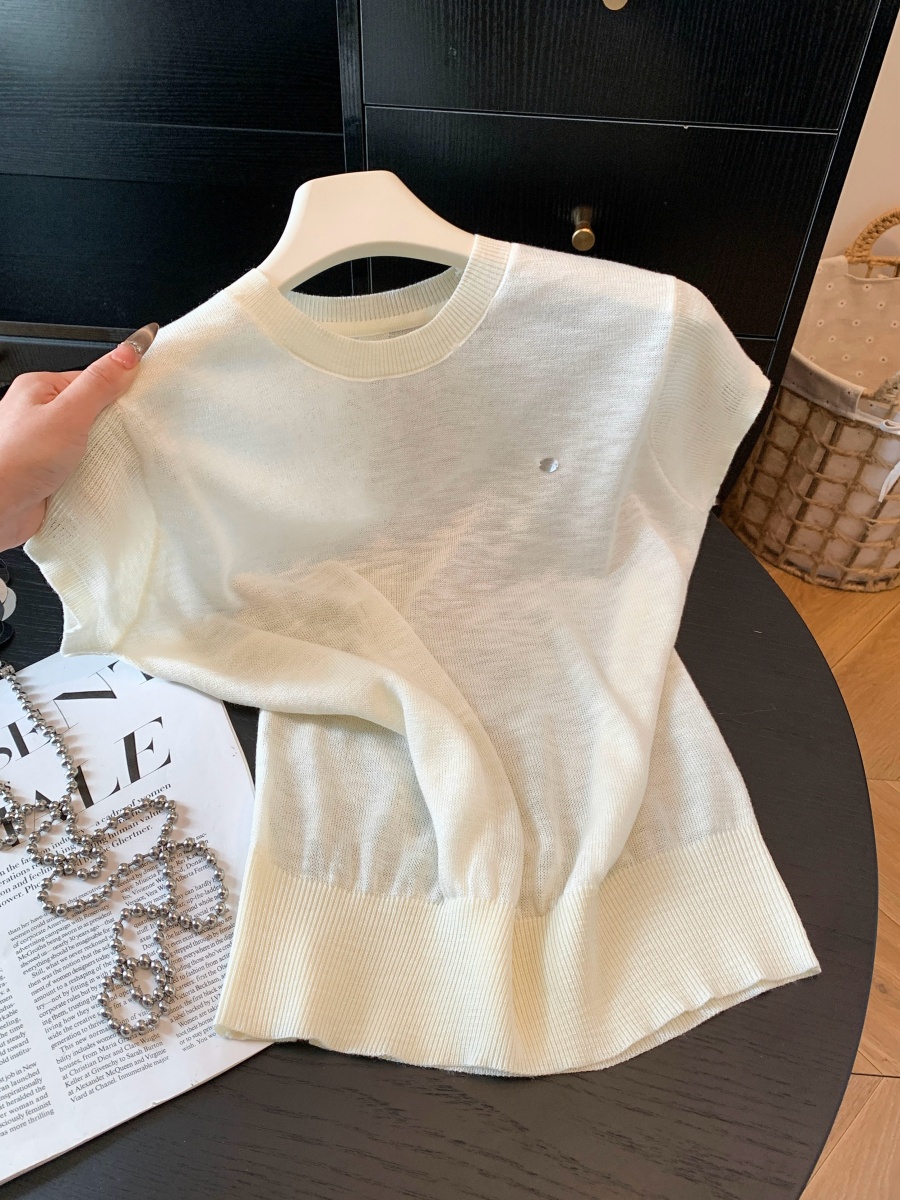 Women's Back Cutout Crew Neck Thin Knit Short Sleeve T-Shirt 2026 Summer Korean Style Top