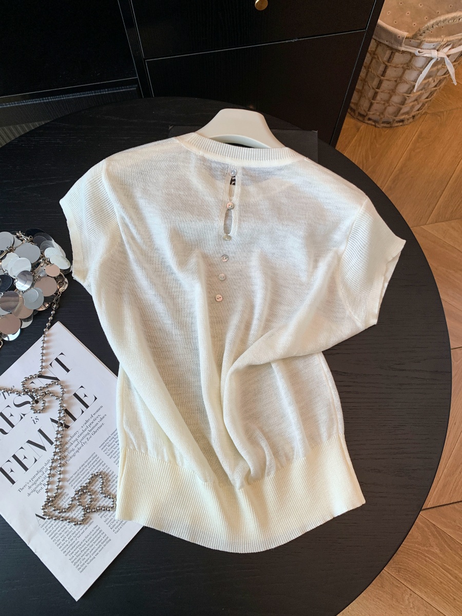 Women's Back Cutout Crew Neck Thin Knit Short Sleeve T-Shirt 2026 Summer Korean Style Top - Image 2