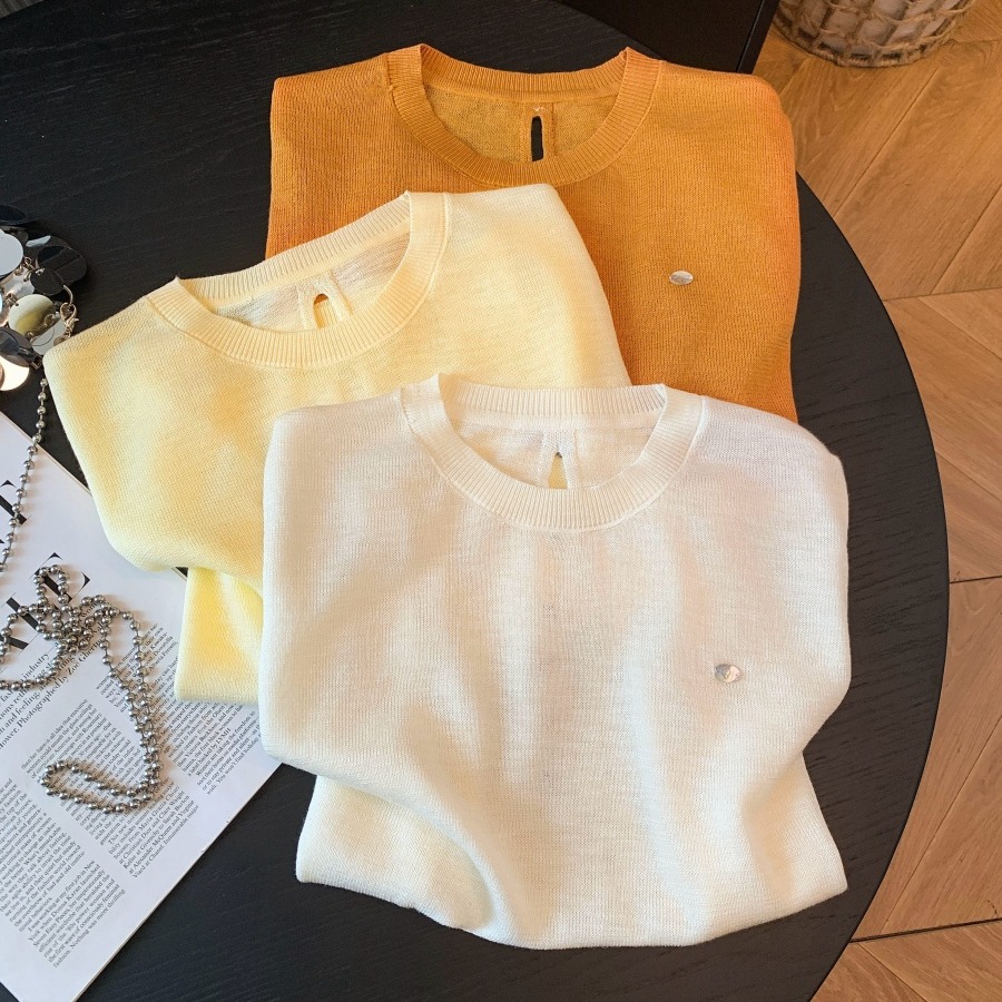 Women's Back Cutout Crew Neck Thin Knit Short Sleeve T-Shirt 2026 Summer Korean Style Top - Image 5