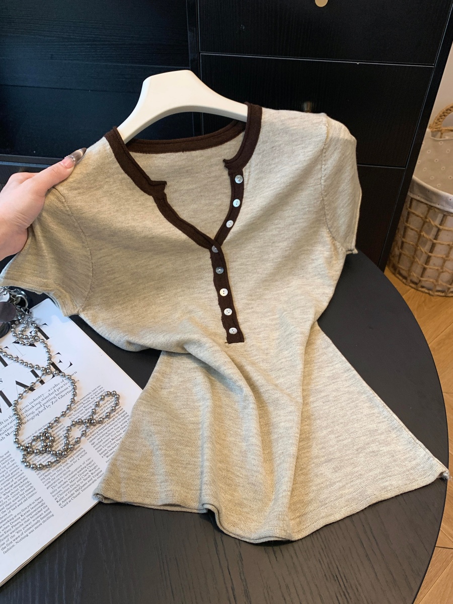 Korean Style Henry Neck Color Block Short Sleeve T-Shirt for Women Summer Slim Fit