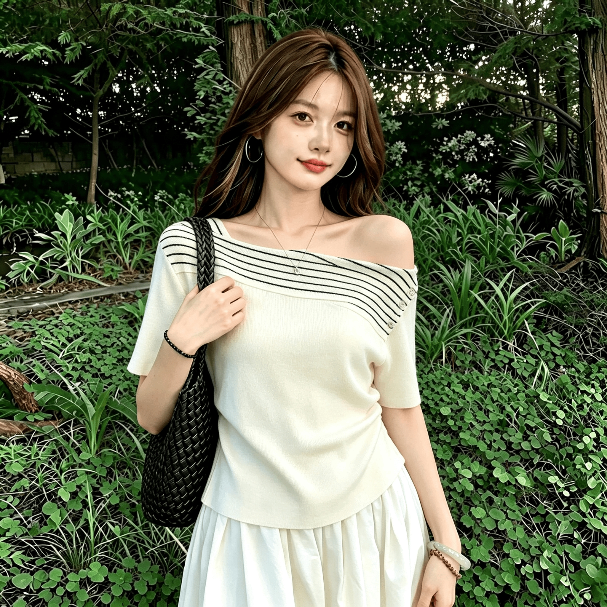 Chic Off-Shoulder Short-Sleeve Striped Patchwork Slimming Korean Style Top for Petite Women Summer