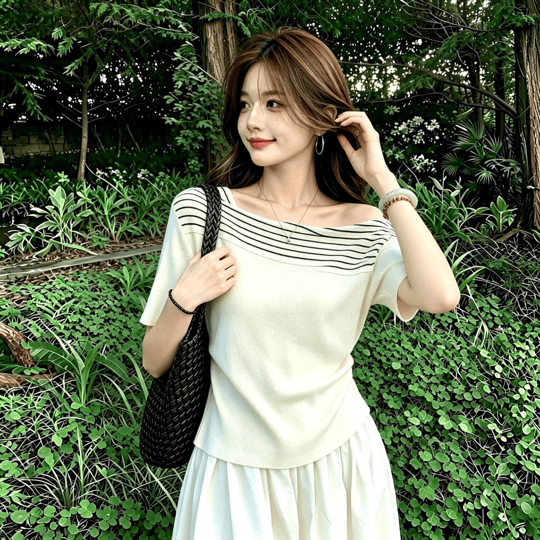 Chic Off-Shoulder Short-Sleeve Striped Patchwork Slimming Korean Style Top for Petite Women Summer - Image 2