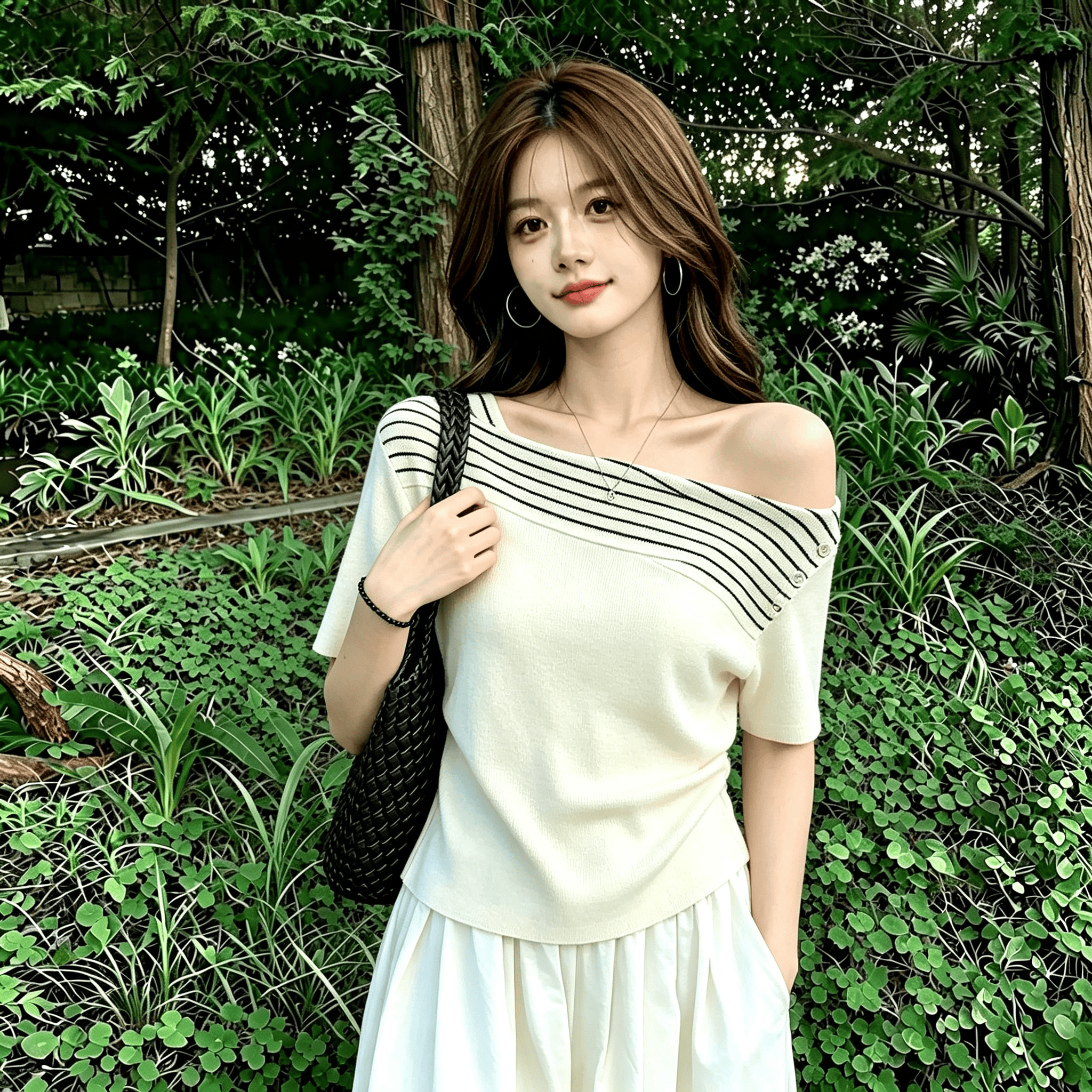 Chic Off-Shoulder Short-Sleeve Striped Patchwork Slimming Korean Style Top for Petite Women Summer - Image 3