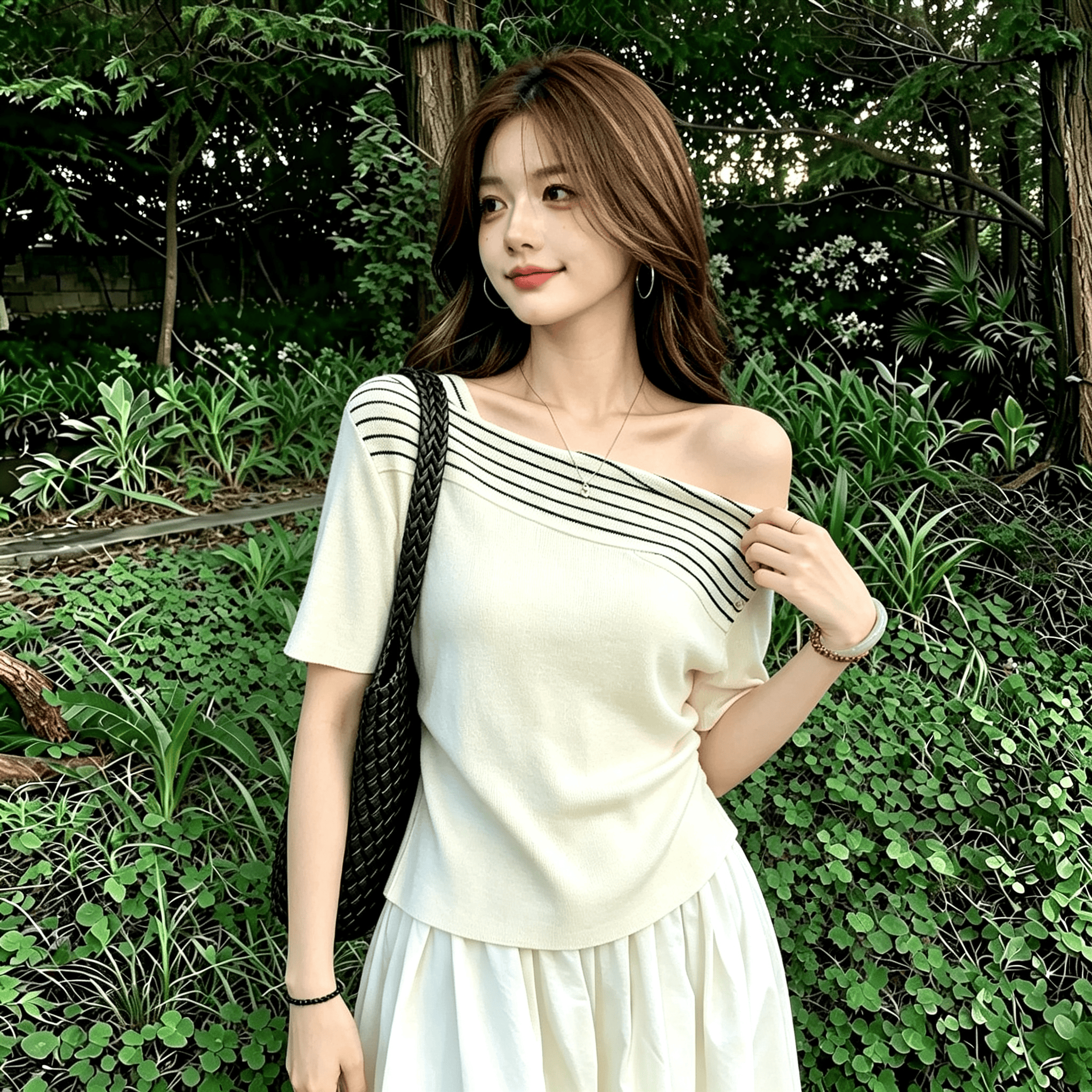 Chic Off-Shoulder Short-Sleeve Striped Patchwork Slimming Korean Style Top for Petite Women Summer - Image 5
