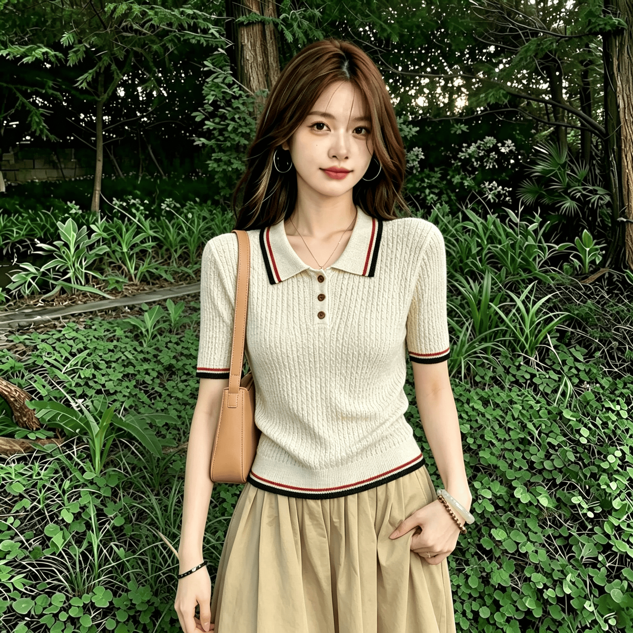 Summer Korean Style Color Block Polo Neck Striped Knit Short Sleeve Loose Slimming T-Shirt Top
