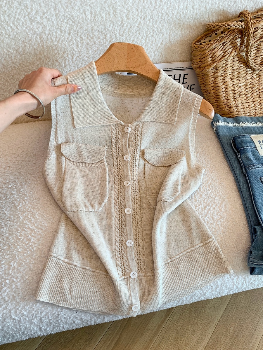 Korean Polo Collar Sleeveless Knit Top Summer Slimming Linen Vest for Women