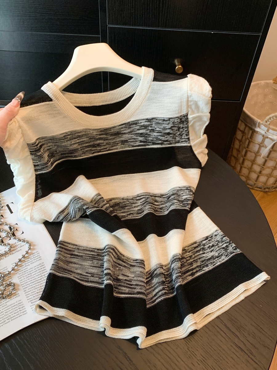 Color Block Ruffle Sleeve Heart Embroidery Striped Knit Top Women Summer Thin Loose Cool Feeling Shirt