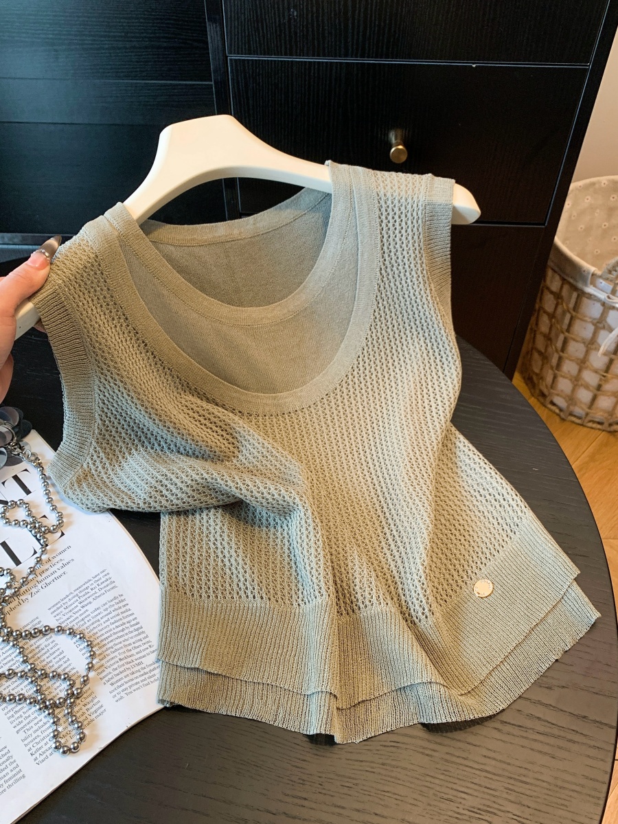 Korean Hollow-Out Faux Two-Piece Short Sleeve T-Shirt for Women Summer Fresh Design - Image 2